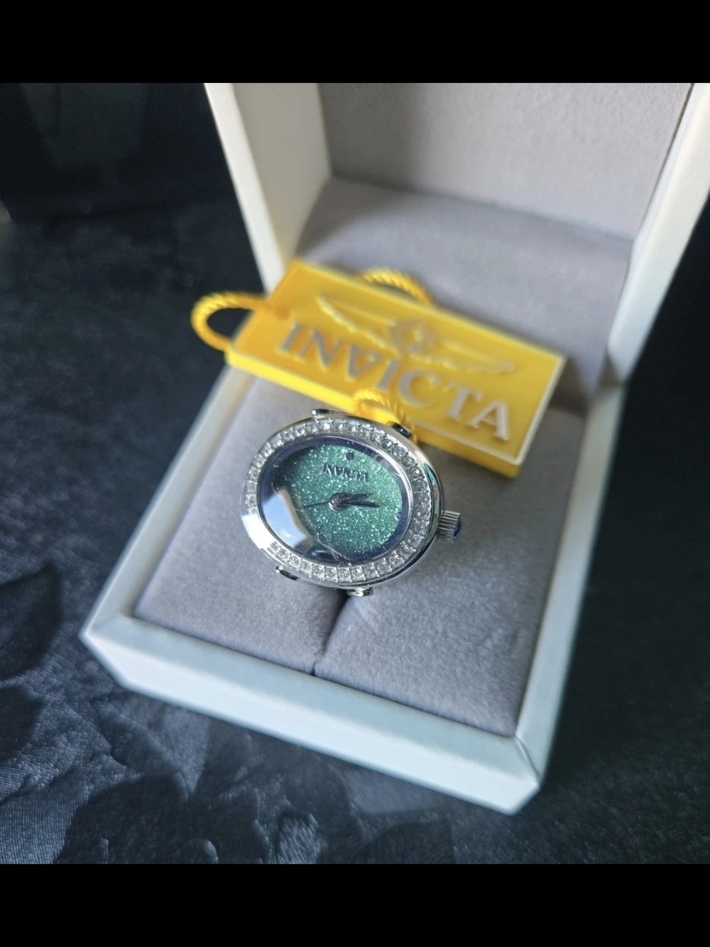 49597 Invicta Mini Angel Musespire Green Glitter Dial Gems Ring Watch 24mm